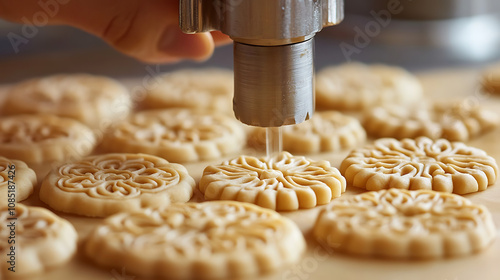 A close-up of a cookie press being used to create intricate designs on unbaked cookies  photo