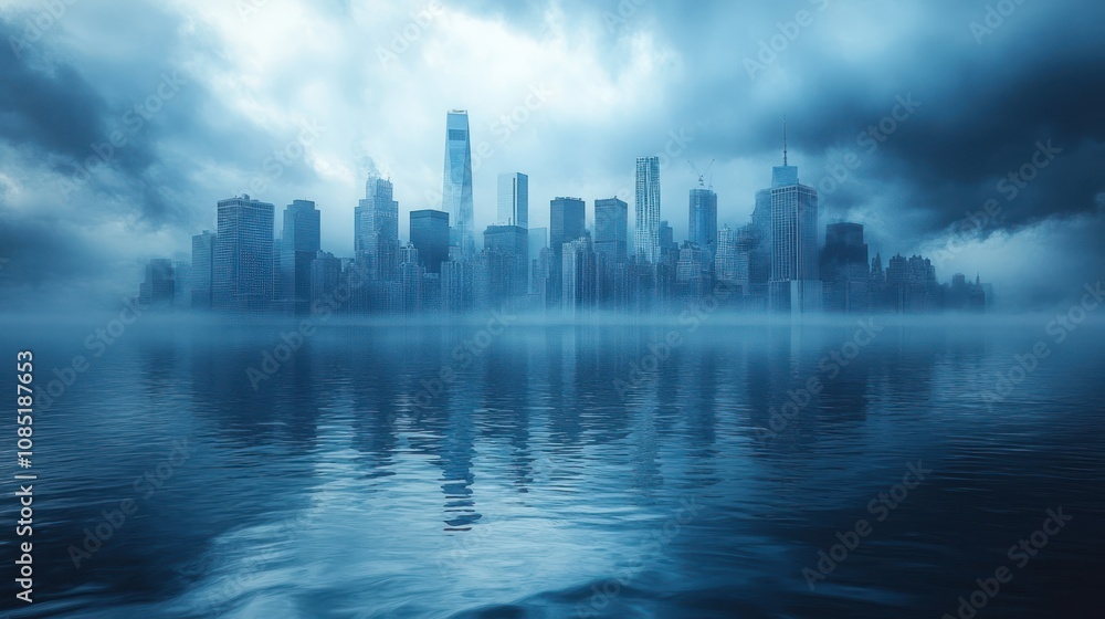 Fototapeta premium Cityscape Under A Foggy Sky