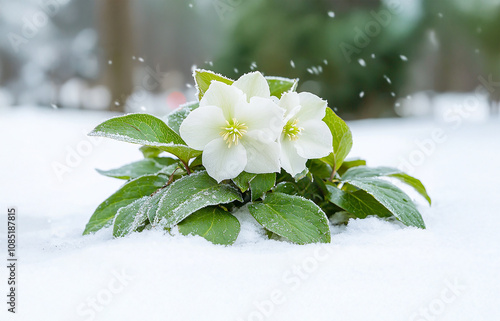Christmas rose close-up, delicate bloom in snowy landscape