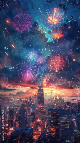 A vibrant display of fireworks illuminates the night sky over a city skyline.