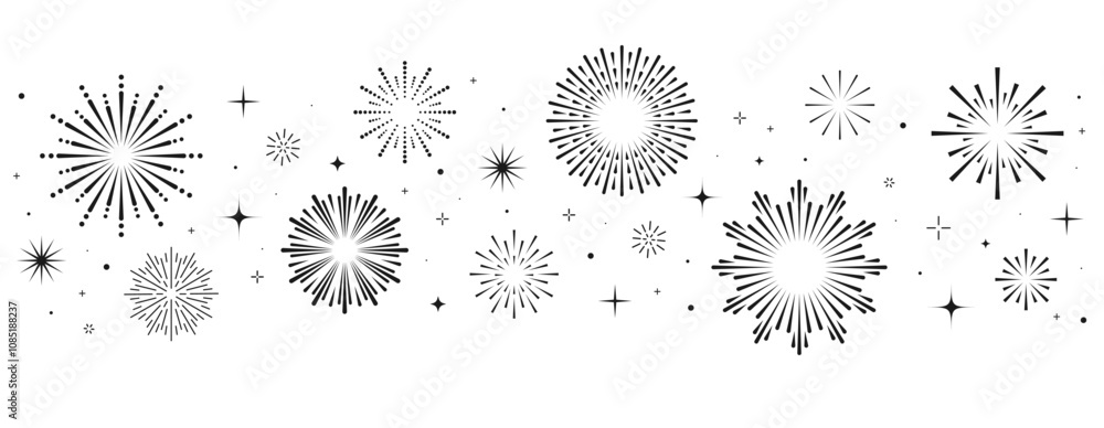 Obraz premium Abstract burst black pattern fireworks. Art deco star shaped firework on white background with rays and trails. Vintage golden sunburst set.