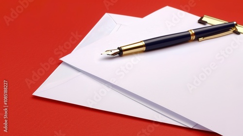 Letter Paper and Pen - a classic and elegant visual. The red background enhances the nostalgic and sophisticated appeal of the letter writing setup. photo