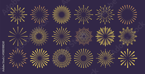 Firework golden outline icons. Light flash and sun shine for new year celebrate. Bursting rays sunrise firework starburst blast.