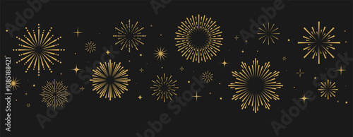 Abstract burst gold pattern fireworks. Art deco star shaped firework on black background with rays and trails. Vintage golden sunburst set.