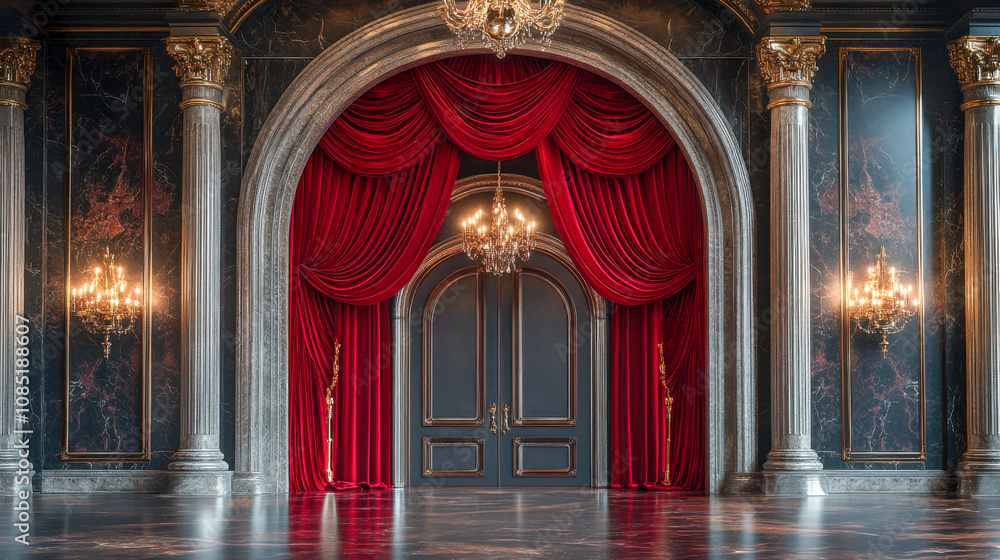 Fototapeta premium Elegant theater entrance with red velvet curtains and chandeliers in ornate setting