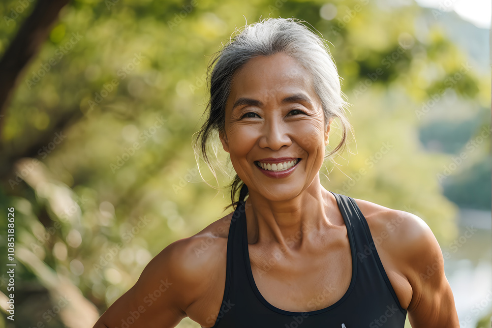 A woman is smiling and wearing a black tank top A woman is smiling and wearing a black tank top