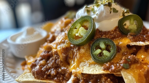 A close-up of a hearty serving of cheesy nachos with chili, jalape, and a side of sour cream photo