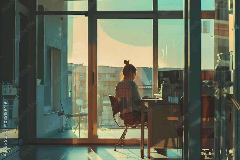 Sunlit Workspace: A woman sits at a desk, bathed in the warm glow of the setting sun streaming through a large window. The image evokes feelings of peace, focus, and productivity. Sunlit Workspace: A woman sits at a desk, bathed in the warm glow of the setting sun streaming through a large window. The image evokes feelings of peace, focus, and productivity.