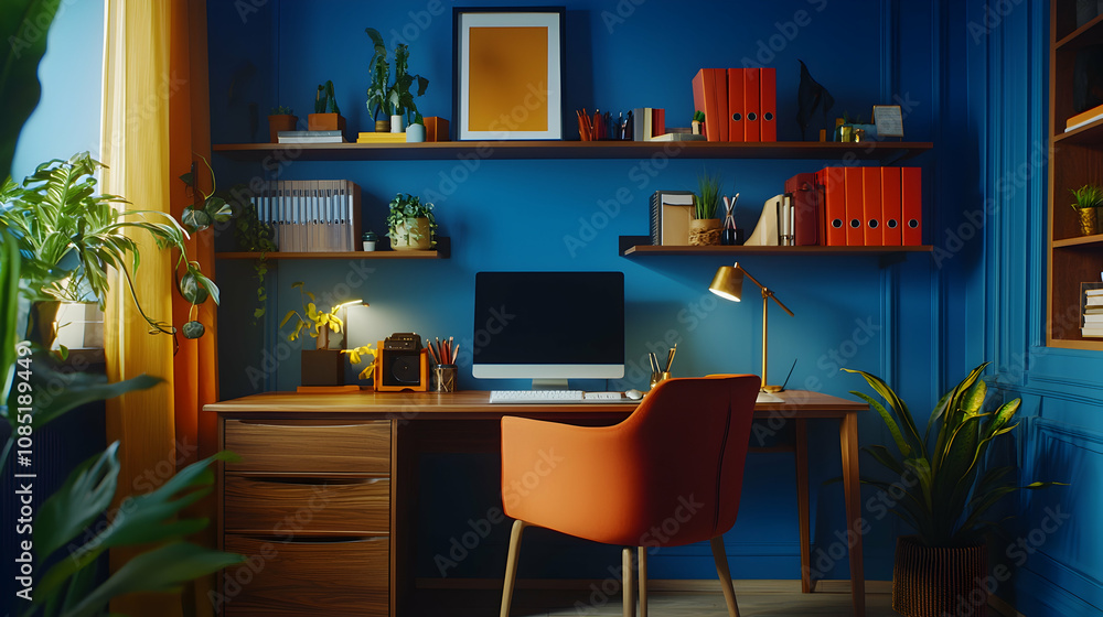 Home Office Interior Design - Blue Walls, Wooden Desk and Orange Chair - 3D Illustration Home Office Interior Design - Blue Walls, Wooden Desk and Orange Chair - 3D Illustration