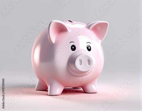 Adorable pink piggy bank with a happy expression, surrounded by colorful blurred background and falling coins, symbolizing saving money.