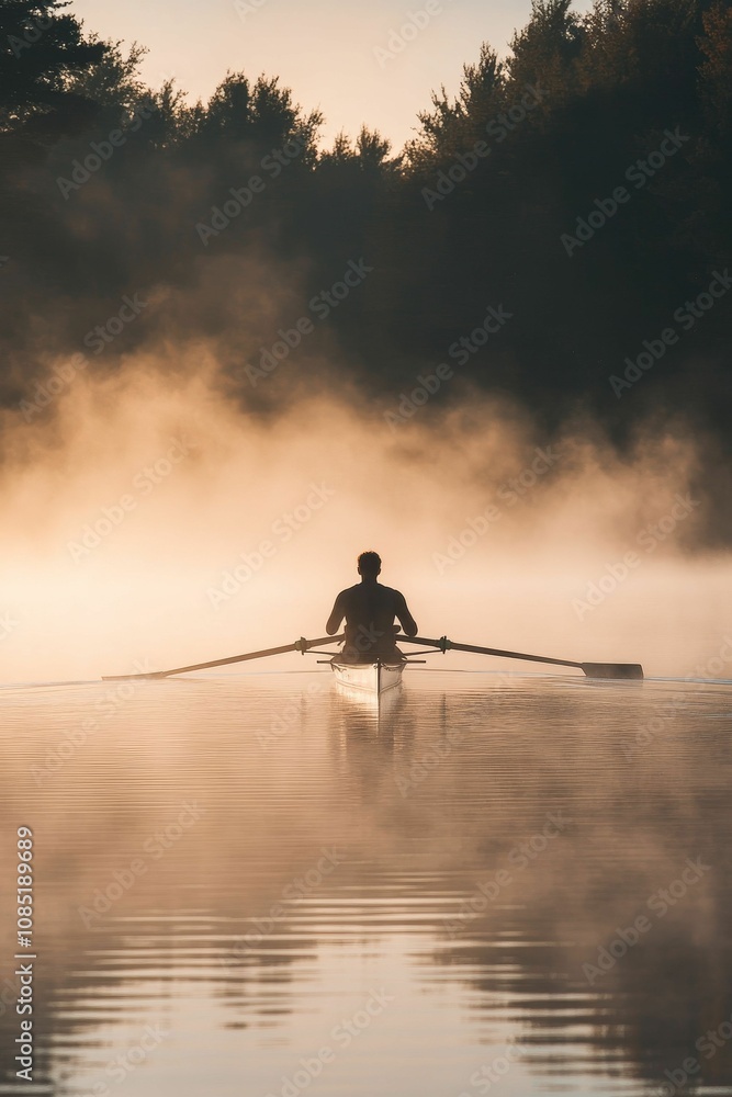 Man rows boat through misty lake at sunrise. Man rows boat through misty lake at sunrise.
