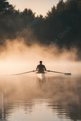 Man rows boat through misty lake at sunrise.