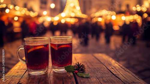 Two glasses of hot mulled spicy wine with cookies at a Christmas market illuminated at night in december photo