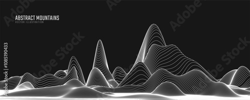 Contour mountain landscape. Waved line art. Abstract minimal topographic map. Contour lines with elevations and terrain depth. Vector illustration.