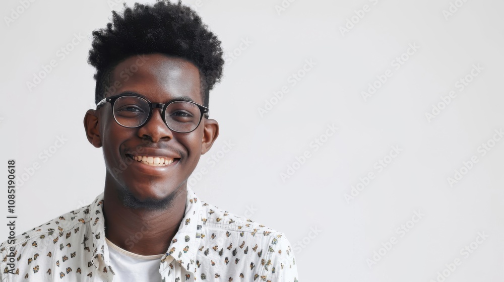 Joyful African American man smiling brightly in a light setting, savoring happiness Joyful African American man smiling brightly in a light setting, savoring happiness