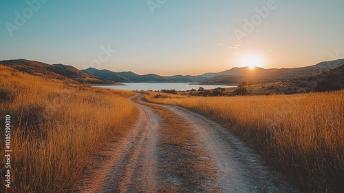 A winding dirt road leads through golden grasslands towards a serene sunset over the water.