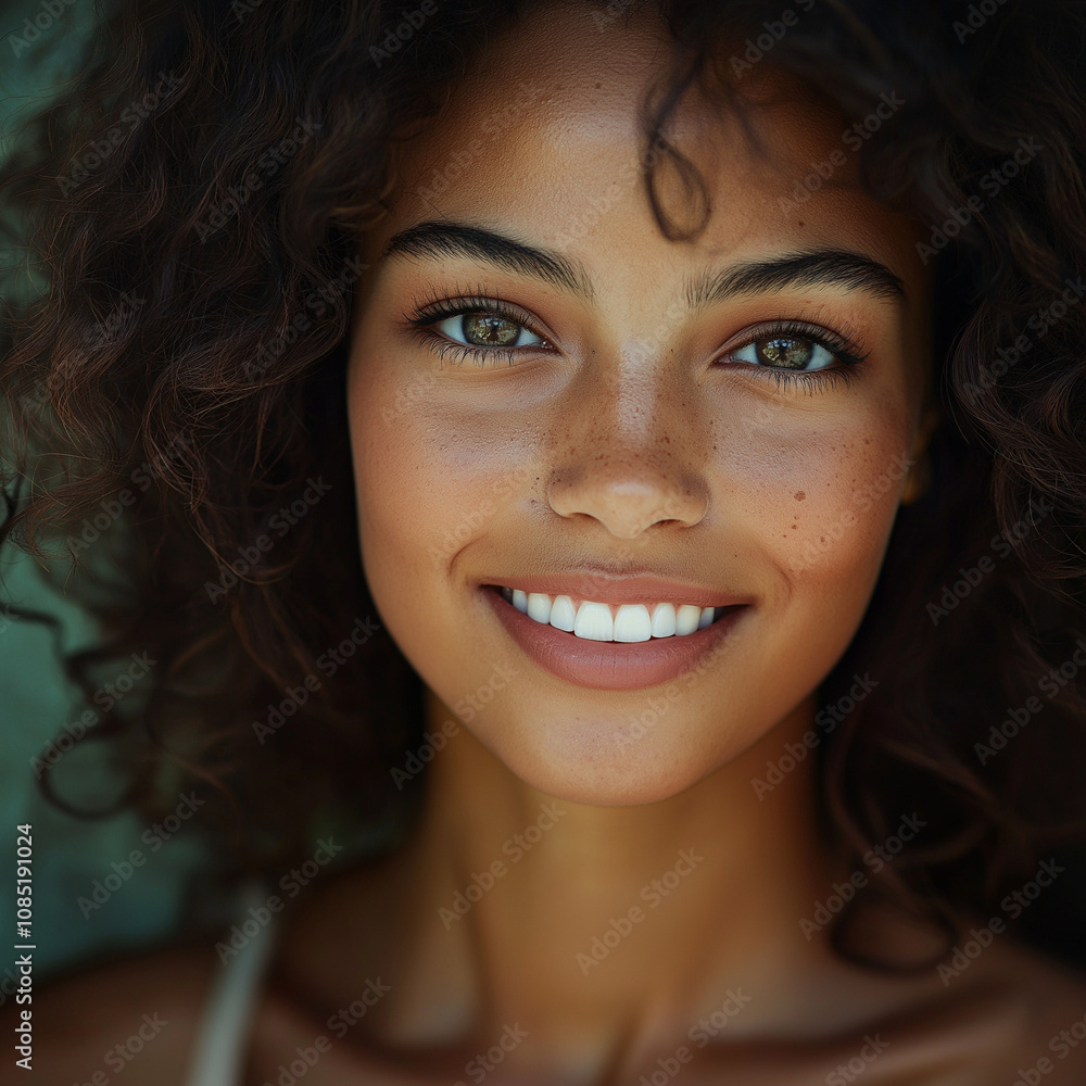 Beautiful, smiling mixed-race girl with curly hair and brown skin, teenager, AI Generated Beautiful, smiling mixed-race girl with curly hair and brown skin, teenager, AI Generated