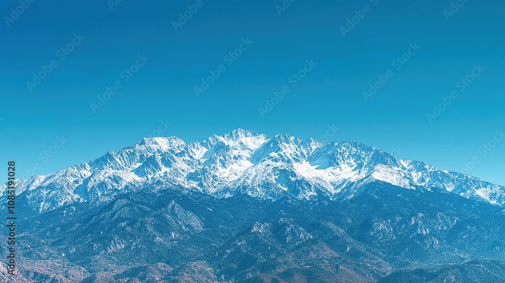 A majestic snow-capped mountain range under a clear blue sky. A majestic snow-capped mountain range under a clear blue sky.