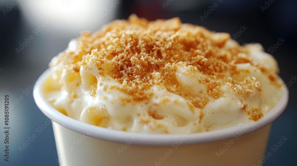 Close-up of a cup of creamy mac and cheese, topped with golden, crispy breadcrumbs Close-up of a cup of creamy mac and cheese, topped with golden, crispy breadcrumbs