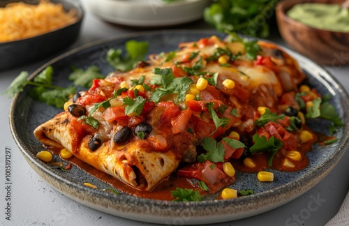 Vegetarian enchilada pie layered with tortillas, sauce, pinto beans, corn, zucchini and mexican blend cheese. photo