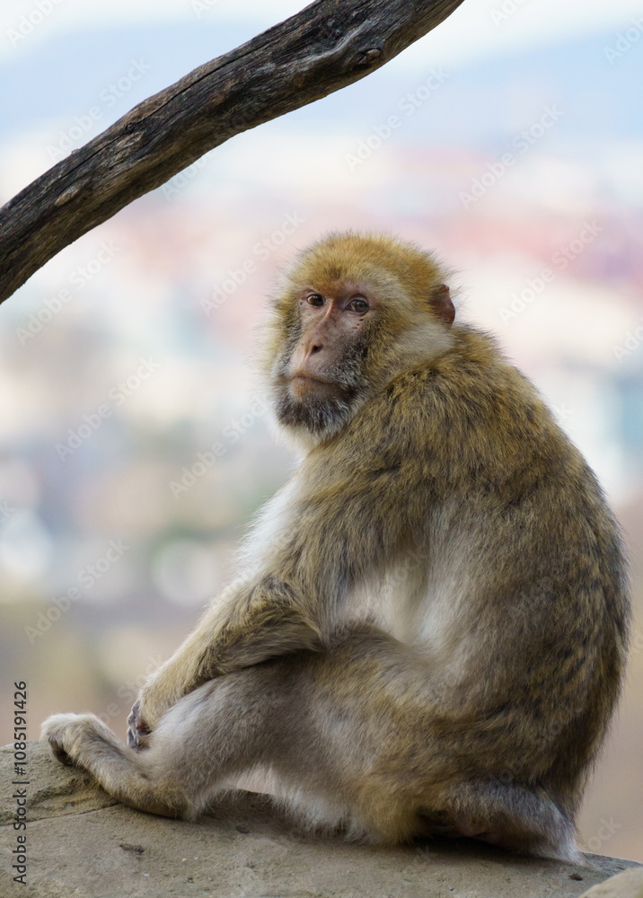 Naklejka premium Barbary macaque (Macaca sylvanus or Barbary ape or magot) sitting on a stone