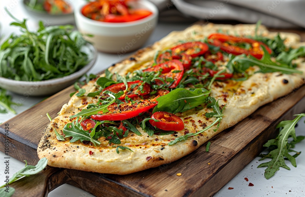 Homemade flatbread pizza with tomato and arugula. Homemade flatbread pizza with tomato and arugula.