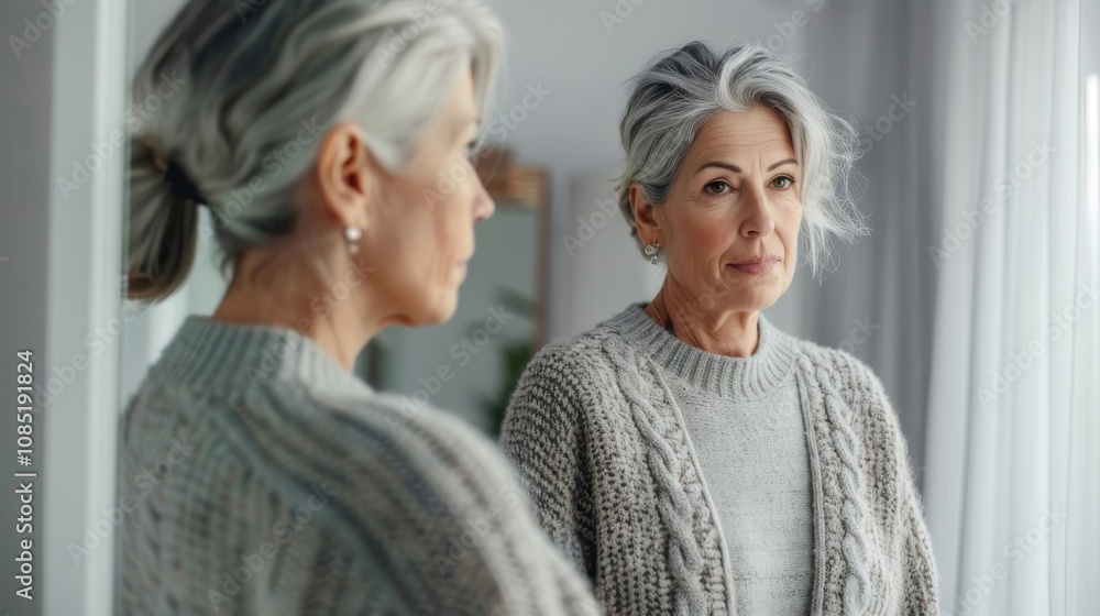 Serious senior woman thoughtfully trying on clothes in her cozy home surroundings during the day Serious senior woman thoughtfully trying on clothes in her cozy home surroundings during the day