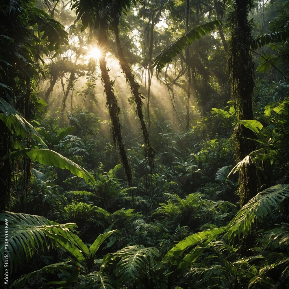 Fototapeta premium A lush tropical rainforest at sunrise, with sunlight streaming through the dense canopy.