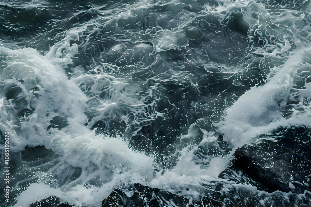 Obraz premium Ocean's Fury: A close-up of churning ocean waves crashing against rocky shores, capturing the raw power and untamed beauty of nature's force. 
