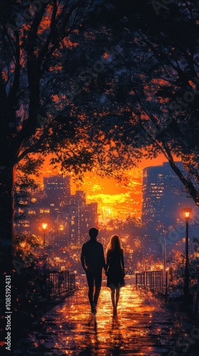 A romantic silhouette of a couple walking hand in hand during sunset, surrounded by glowing city lights and nature.