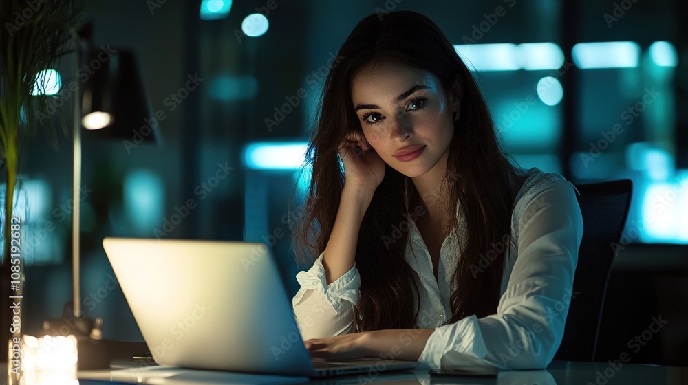 Young woman working late at night on a laptop, illuminated by soft light, creating a calm and focused atmosphere in a modern workspace environment Young woman working late at night on a laptop, illuminated by soft light, creating a calm and focused atmosphere in a modern workspace environment