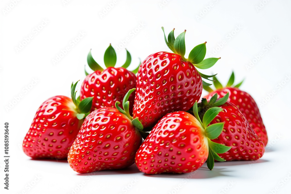 Fresh ripe strawberries on a white background with bright red and green leaves revealing their juicy and sweet appearance. Fresh ripe strawberries on a white background with bright red and green leaves revealing their juicy and sweet appearance.