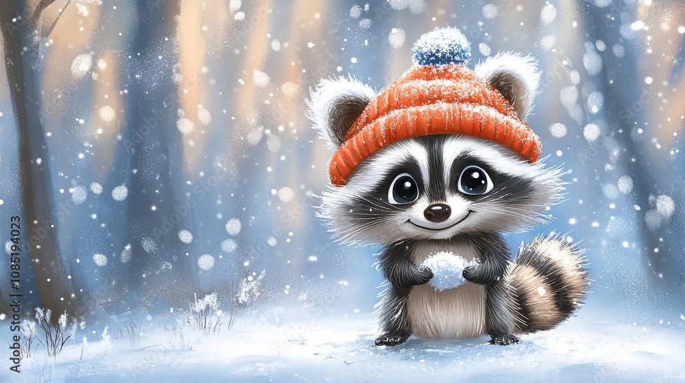 Cartoon cute raccoon in winter hat enjoys snow Cartoon cute raccoon in winter hat enjoys snow