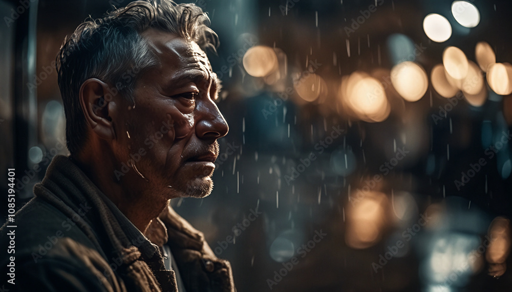 Dramatic close-up of a mature man with deep expression, evoking emotion and introspection, set in a moody, dimly lit atmosphere. Dramatic close-up of a mature man with deep expression, evoking emotion and introspection, set in a moody, dimly lit atmosphere.