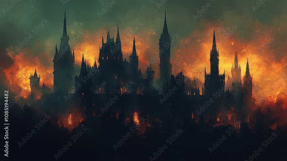 A dark, fiery landscape depicting a castle engulfed in flames, evoking a sense of chaos. A dark, fiery landscape depicting a castle engulfed in flames, evoking a sense of chaos.