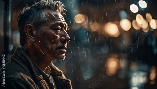 Dramatic close-up of a mature man with deep expression, evoking emotion and introspection, set in a moody, dimly lit atmosphere.