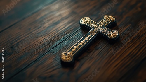 High-resolution shot of a handcrafted Eastern Orthodox cross with intricate gold filigree on engraved wood,