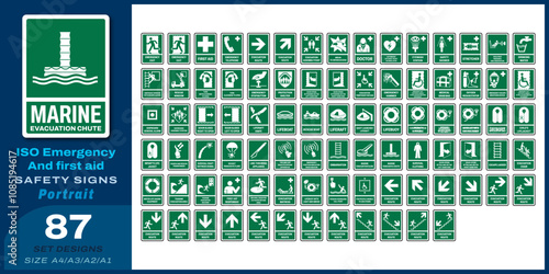 87 set iso emergency and first aid safety signs v55_marine evacuation chute_portrait size a4/a3/a2/a1
