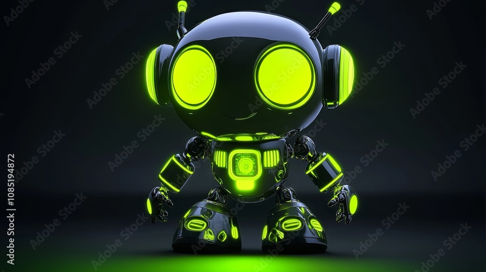 Fototapeta premium Cute green neon cartoon android robot 