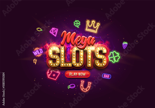 Mega Slots. Casino banner with neon gaming symbols on a bright background. Vector illustration.