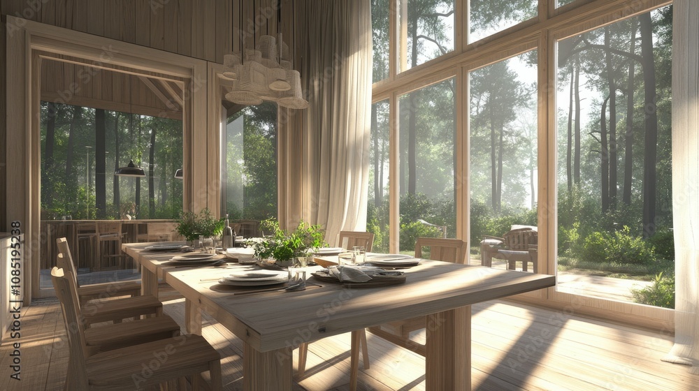 Fototapeta premium A Scandinavian dining room with large windows, light wood furniture, and cozy textures for a warm, inviting look.