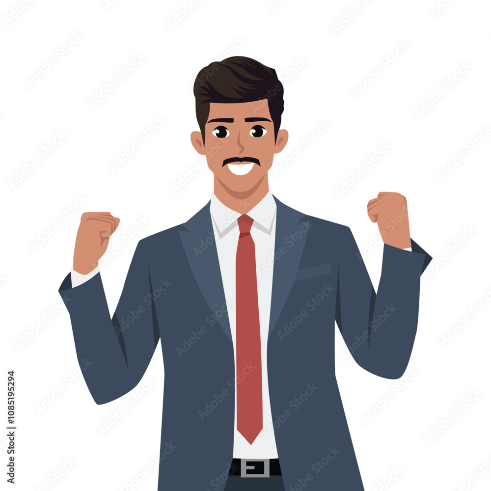 Young businessman rejoicing for his success. Flat Vector Character Isolated. Young businessman rejoicing for his success. Flat Vector Character Isolated.