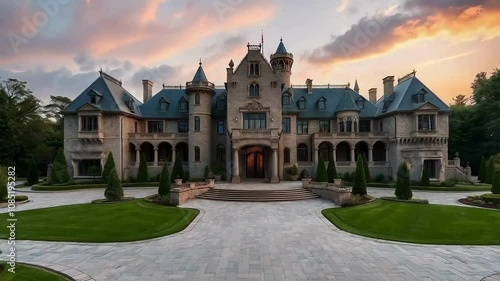 A grand, 4K-resolution view of a majestic, castle-like mansion, exuding opulence and sophistication
