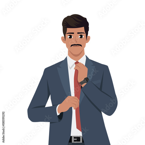 Businessman in suit is adjusting his tie. Flat Vector Character Isolated.