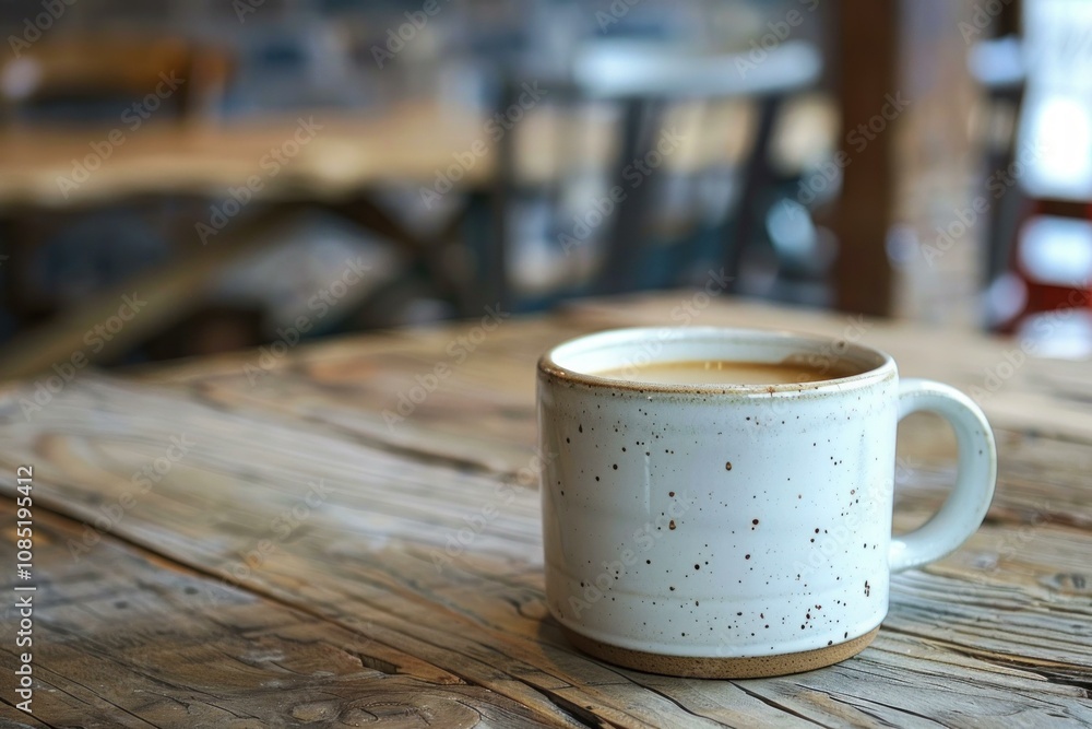 White ceramic mug with black speckles sitting on a rustic wooden table with a steaming cup of coffee inside