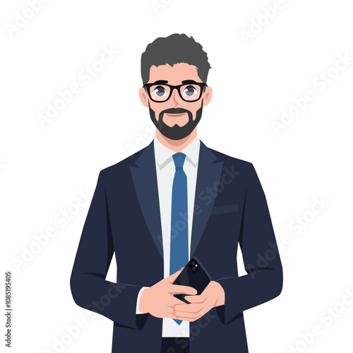 Businessman stands and holds mobile phone in hand. Flat Vector Character Isolated.