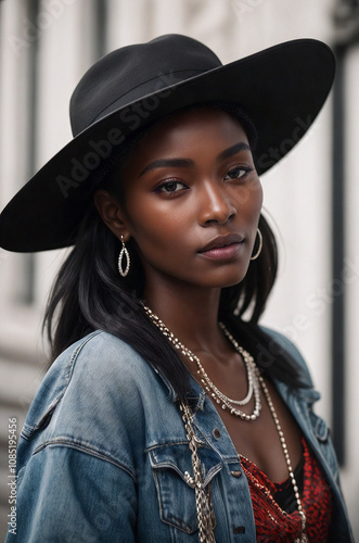 Beautiful black model wearing hat, jewelry and carrying handbag