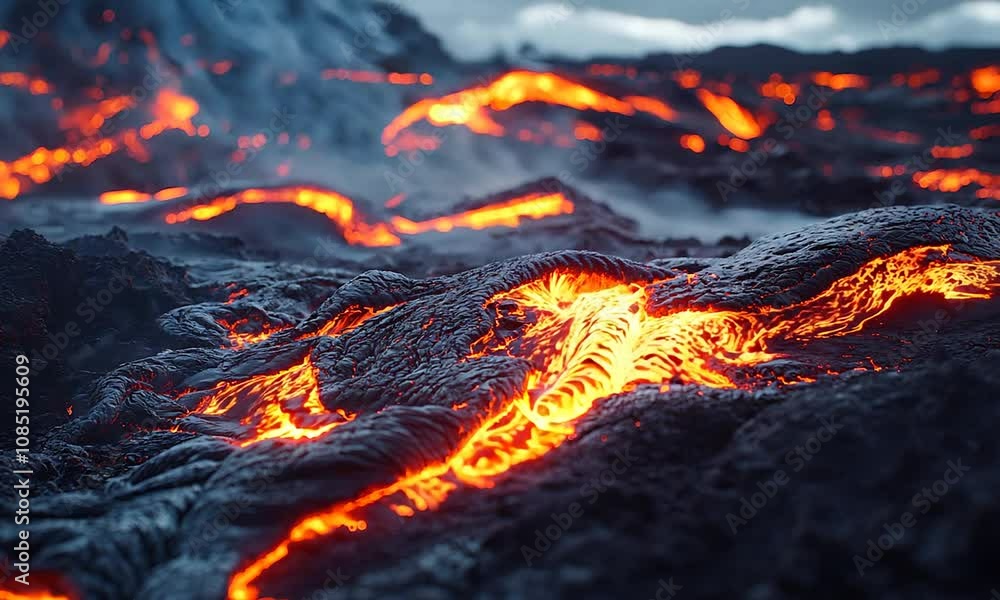 Dramatic Volcanic Lava Flowing on Rugged Terrain Depicting Earths Geothermal Power : Generative AI Dramatic Volcanic Lava Flowing on Rugged Terrain Depicting Earths Geothermal Power : Generative AI