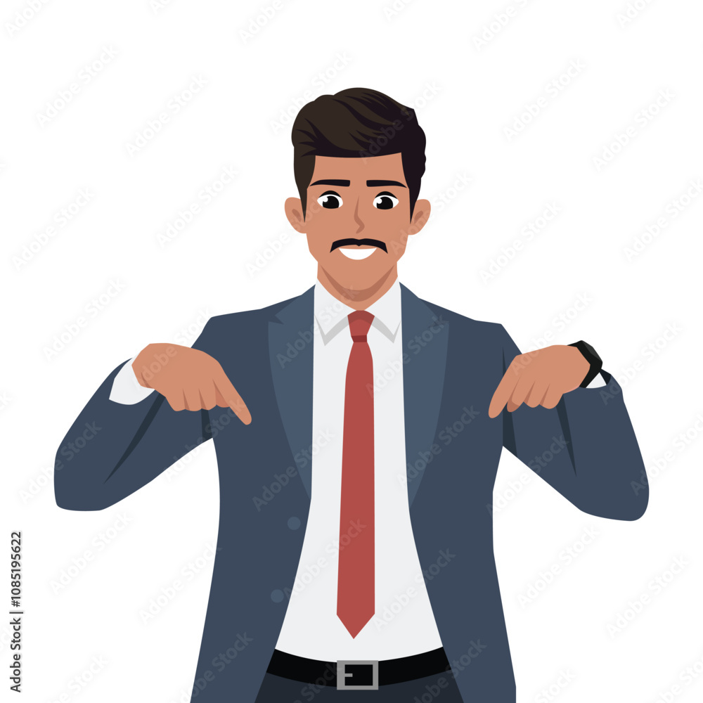 Businessman wearing suit smiling and pointing in the direction below. Flat Vector Character Isolated. Businessman wearing suit smiling and pointing in the direction below. Flat Vector Character Isolated.