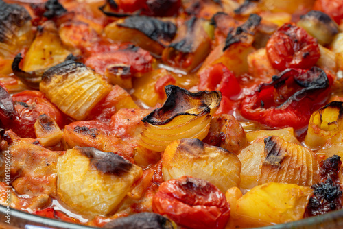 Obraz na płótnie Traditional delicious Turkish dishes; potato, tomato, pepper, garlic and meat dish (Turkish name; Fırında tas kebabı,) w salonie